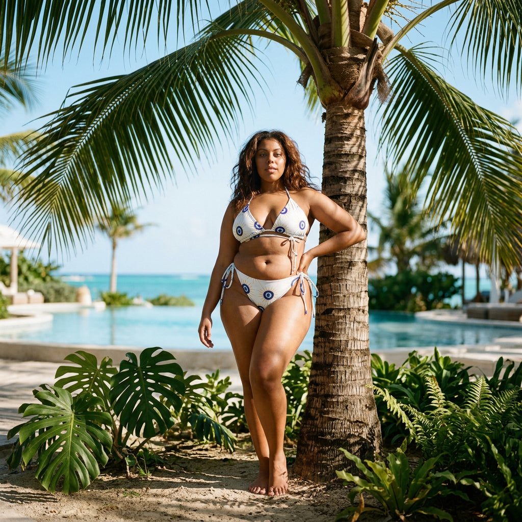 Woman wearing a evil eye pattern bikini standing against a palm tree by a pool.