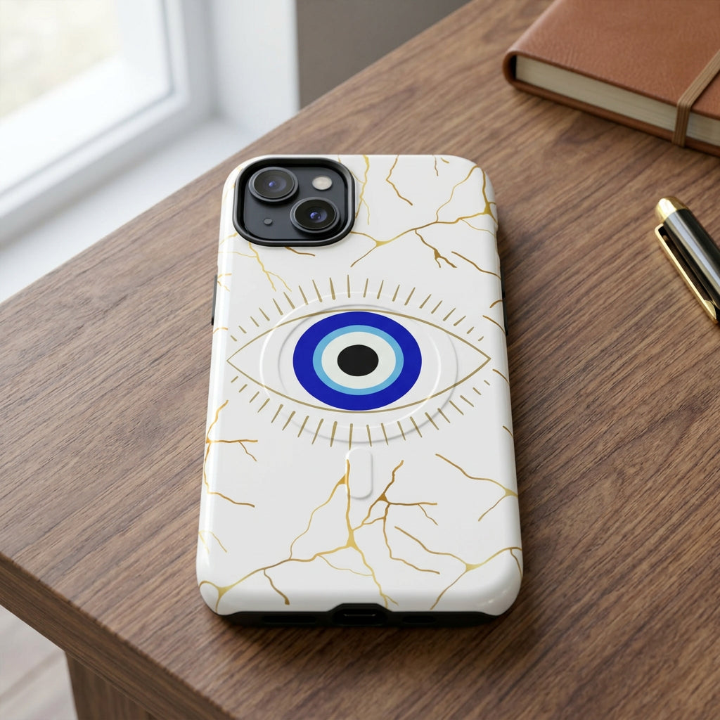 Phone case with eye design and marble pattern on a white background