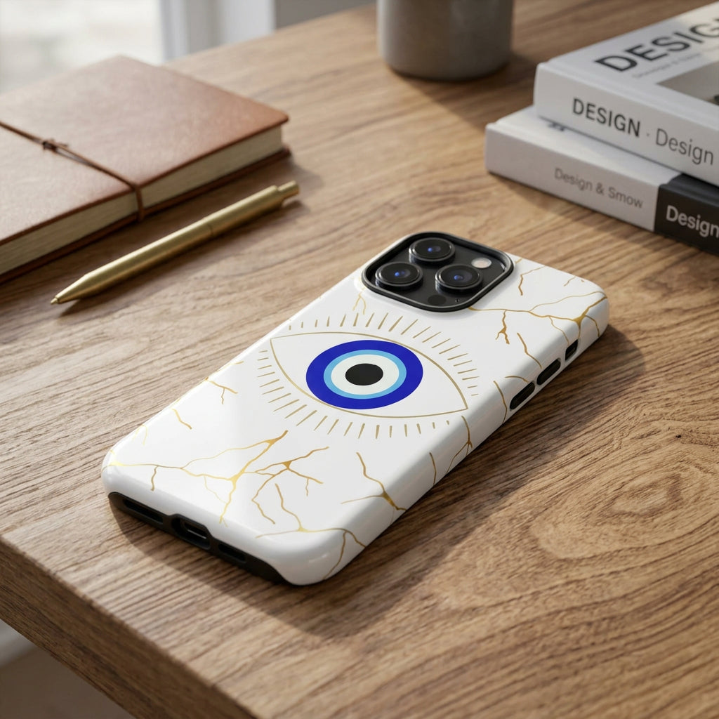 Phone case with eye design and marble pattern on a white background