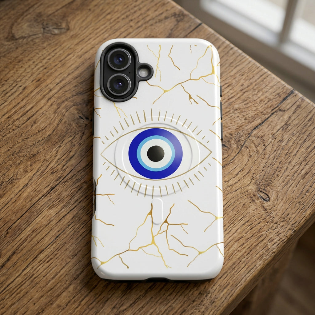 White phone case with evil eye design 