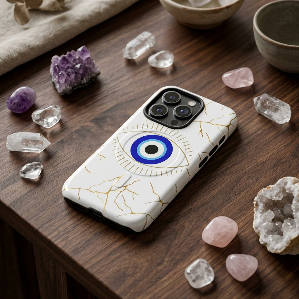 Phone case with eye design and gold accents on a white background