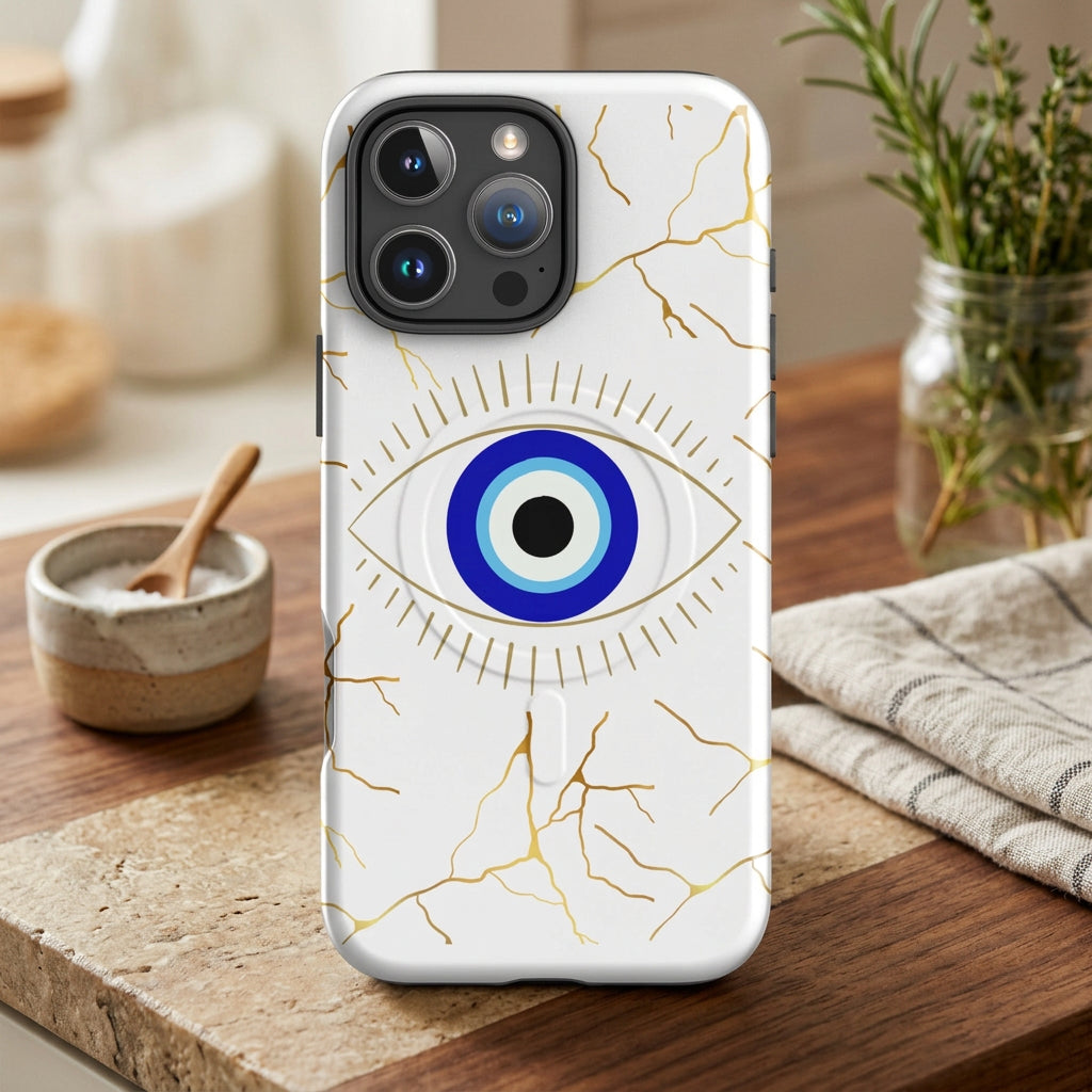 Phone case with eye design and gold fractures on a white background
