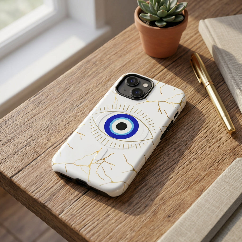 Phone case with eye design and gold accents on a white background