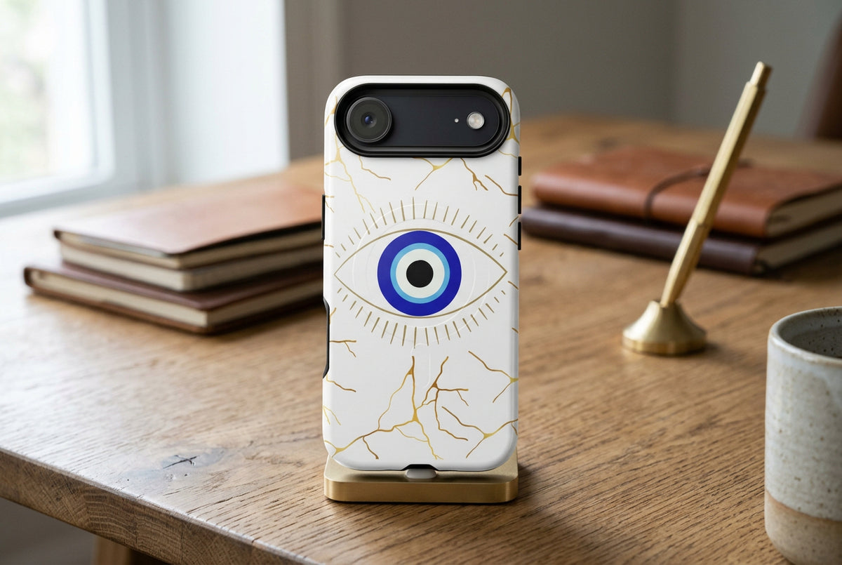 Phone case with eye design and gold accents on a white background