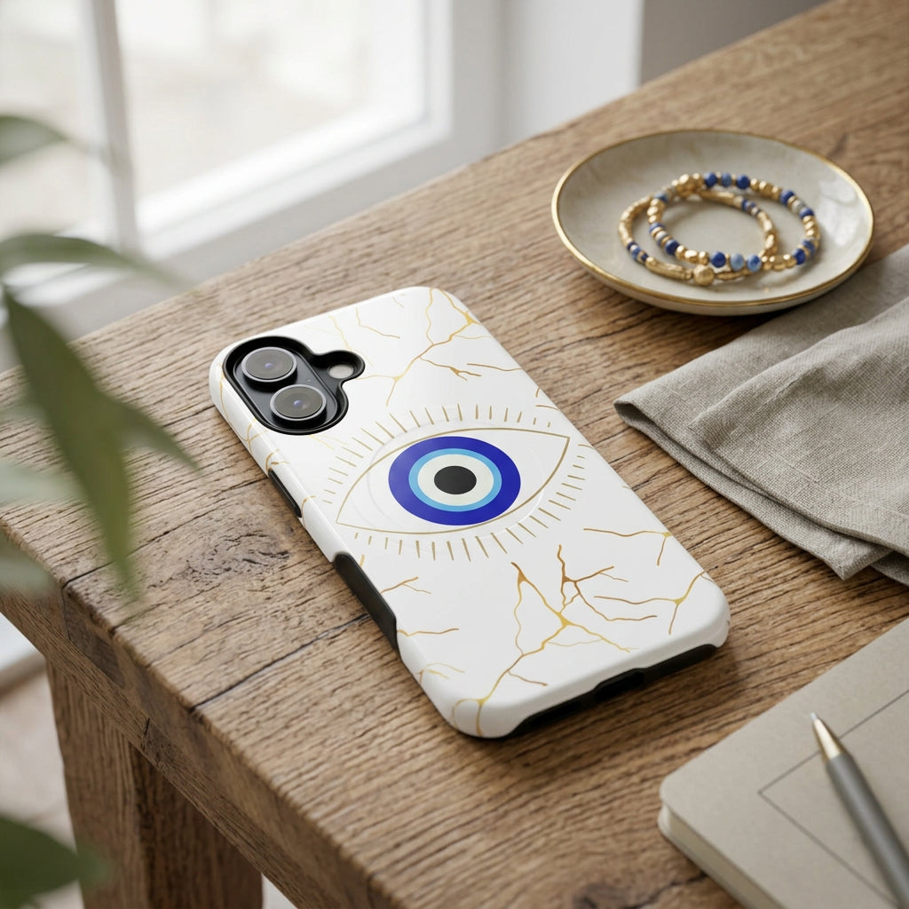 Phone case with eye design and gold accents on a white background