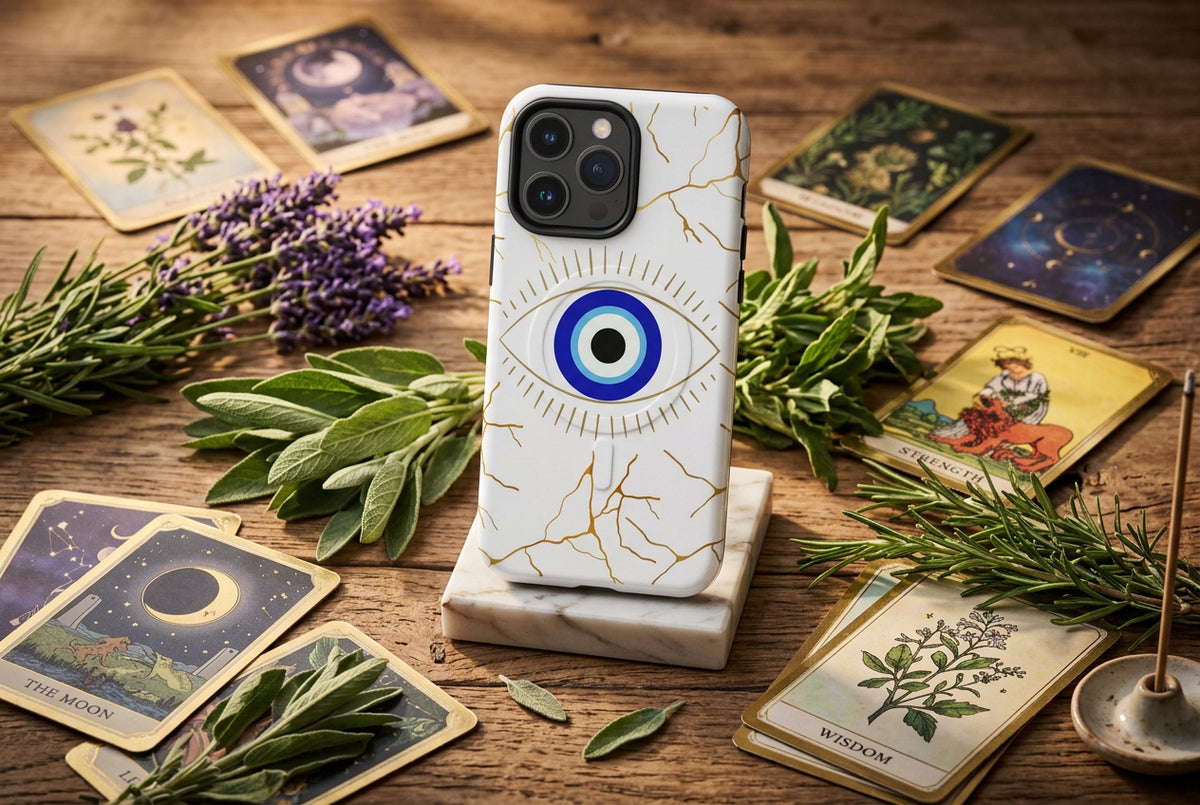 Phone case with eye design and gold accents on a white background