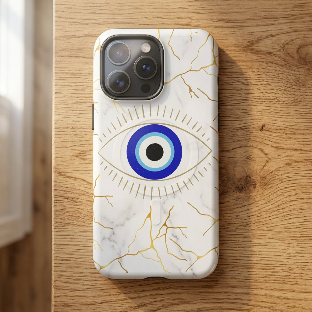 Phone case with eye design and gold accents on a white background