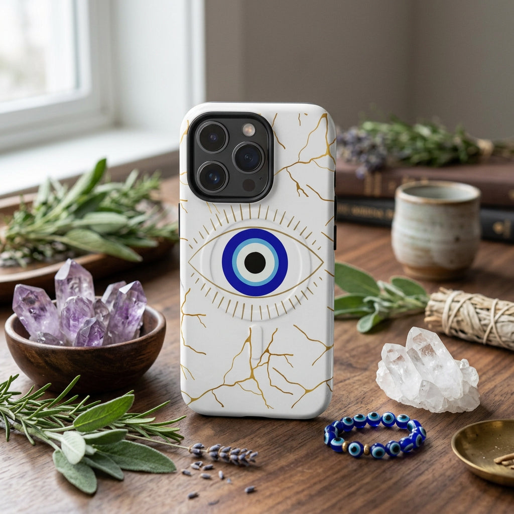 Phone case with eye design and gold accents on a white background