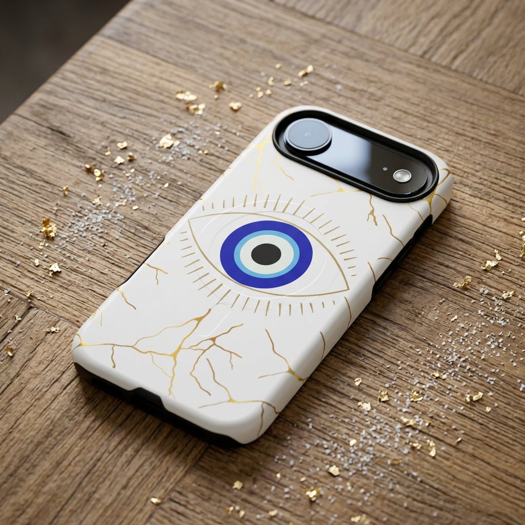 Phone case with eye design and gold fractures on a white background