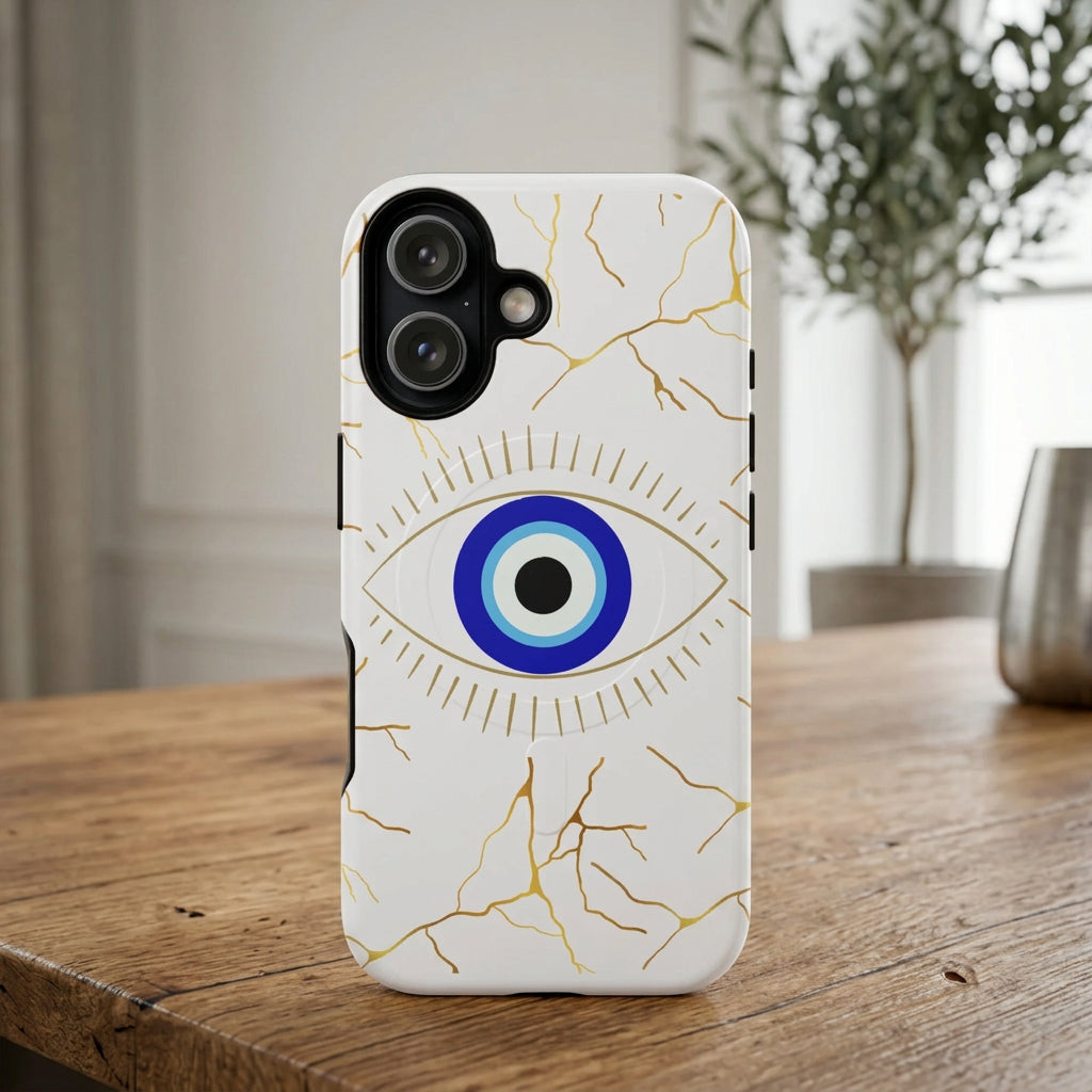 Phone case with eye design and gold accents on a white background