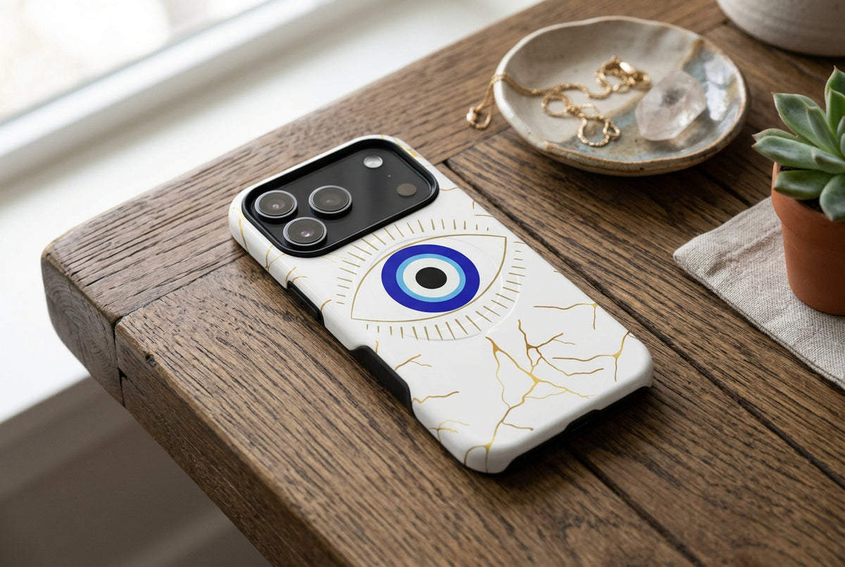 Phone case with eye design on a white background