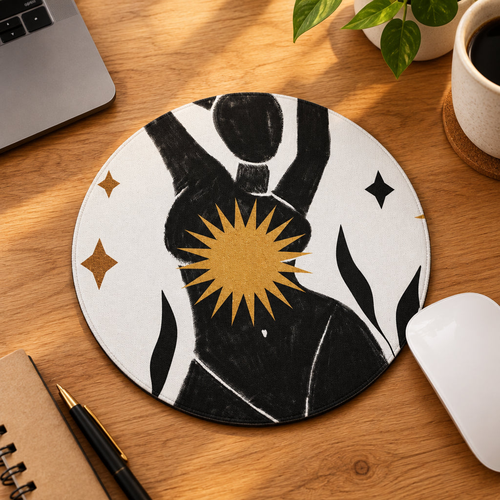 Circular design with black silhouette, gold sun, and decorative elements on a white background
