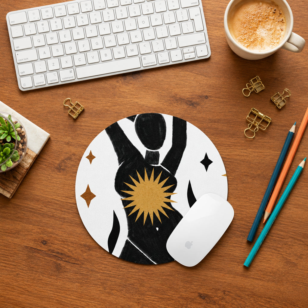 Decorative mouse pad with abstract design on a marble desk with office supplies