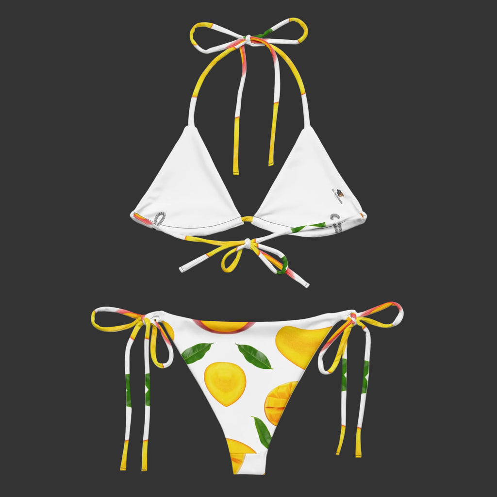White bikini set with mango print on a white background