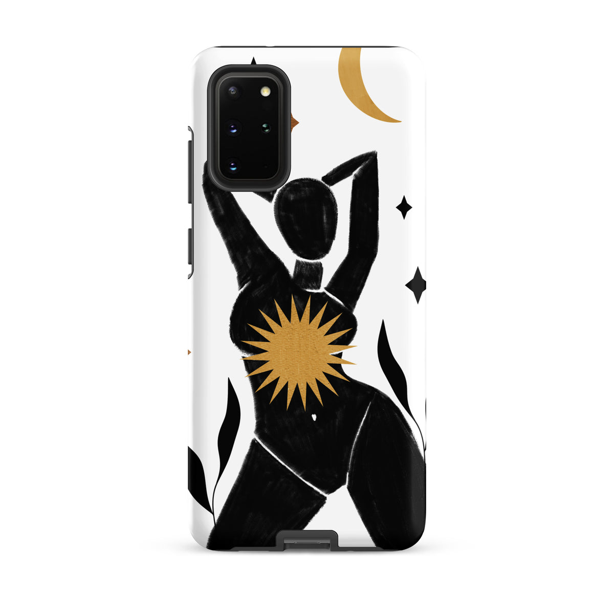 A white phone case featuring a black silhouette of a woman with arms raised, decorated with a gold crescent moon, a gold sunburst on her torso, and small black star shapes.