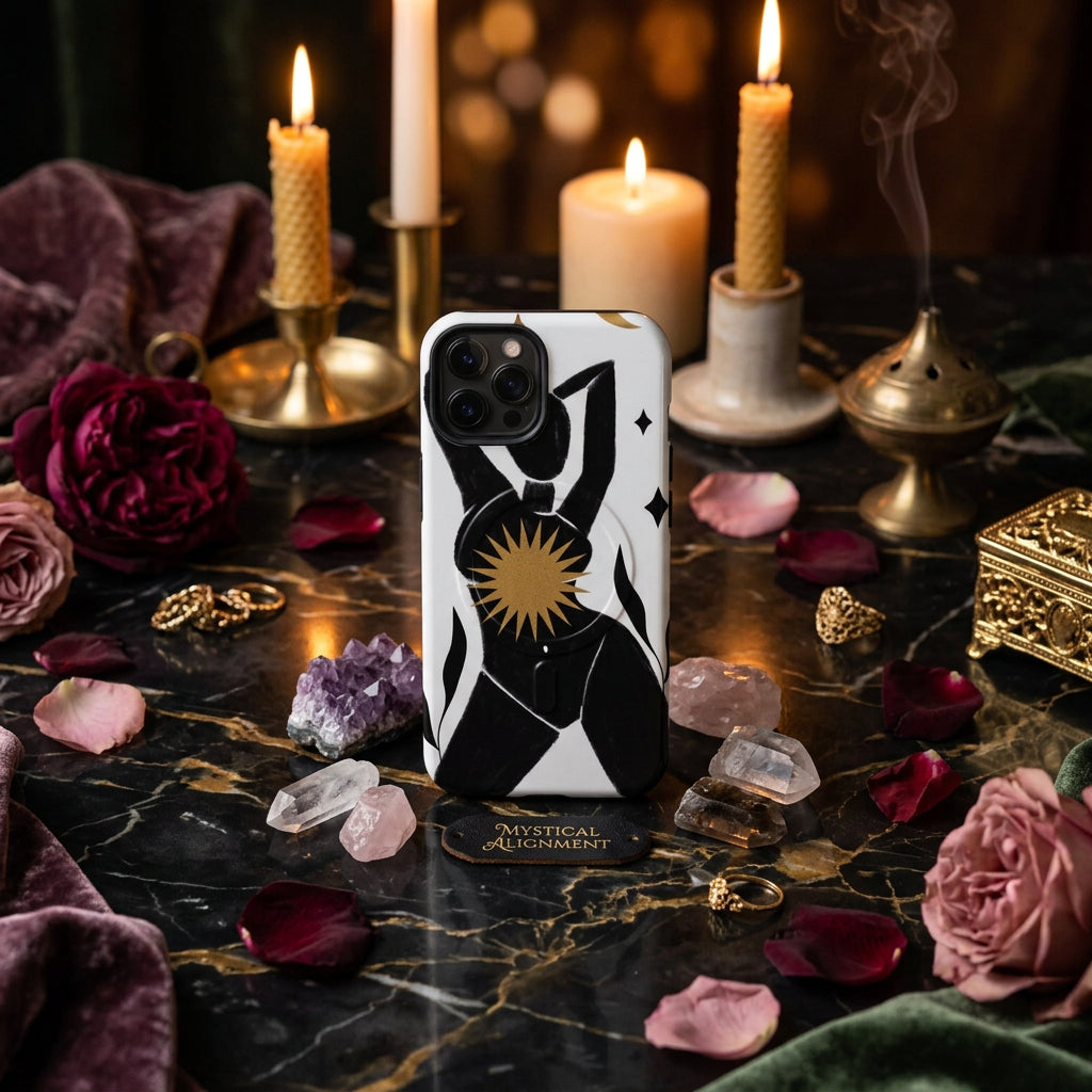 Phone case with black silhouette of a person and gold sun design on a white background
