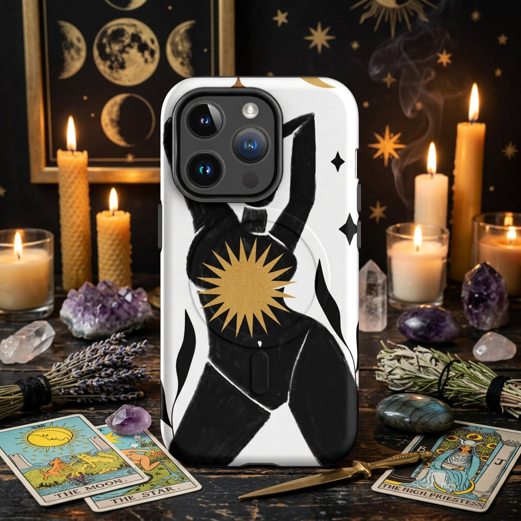 Phone case with black and white abstract design and gold starburst on a white background