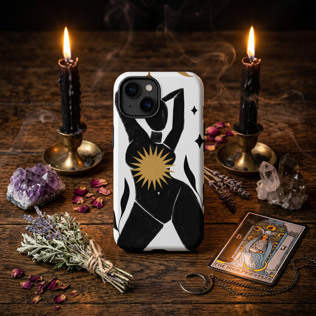 Phone case with black and white abstract design and gold starburst on a white background