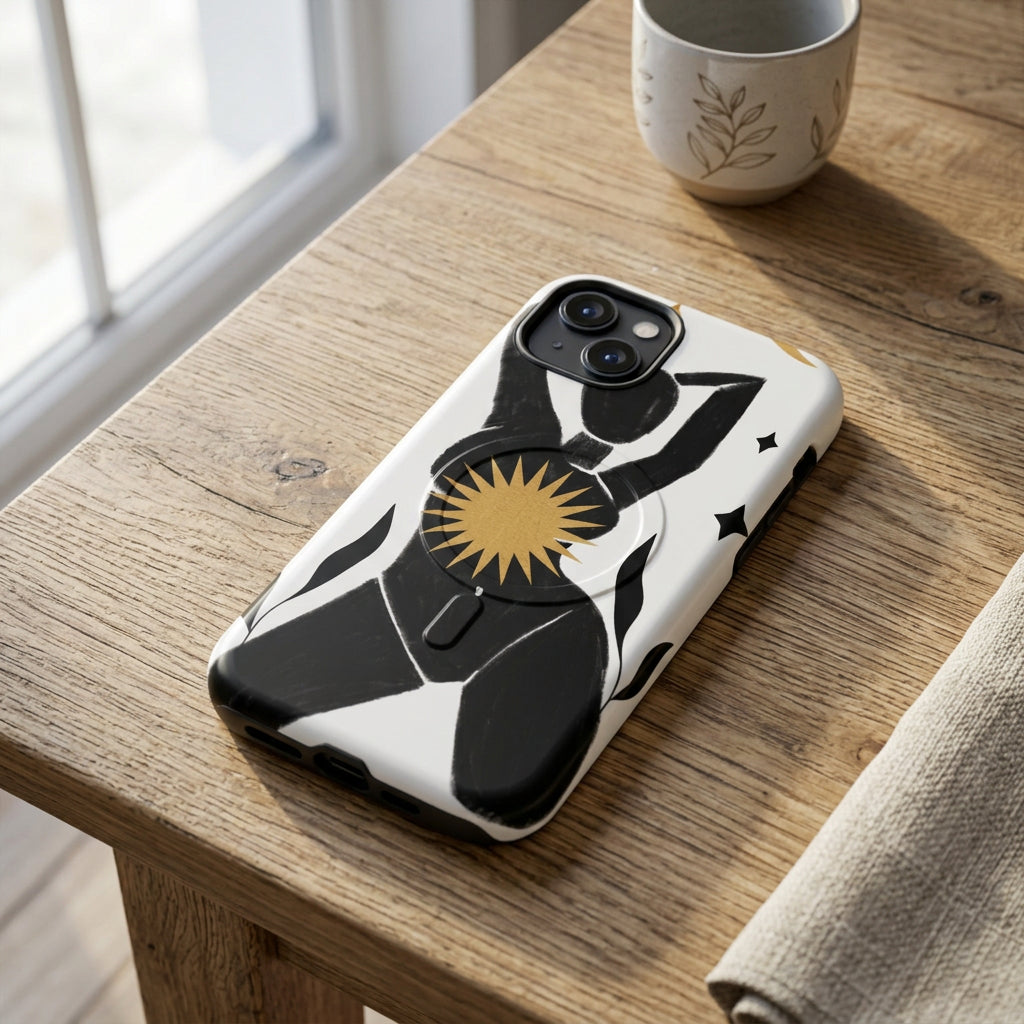 Phone case with black abstract design on a white background