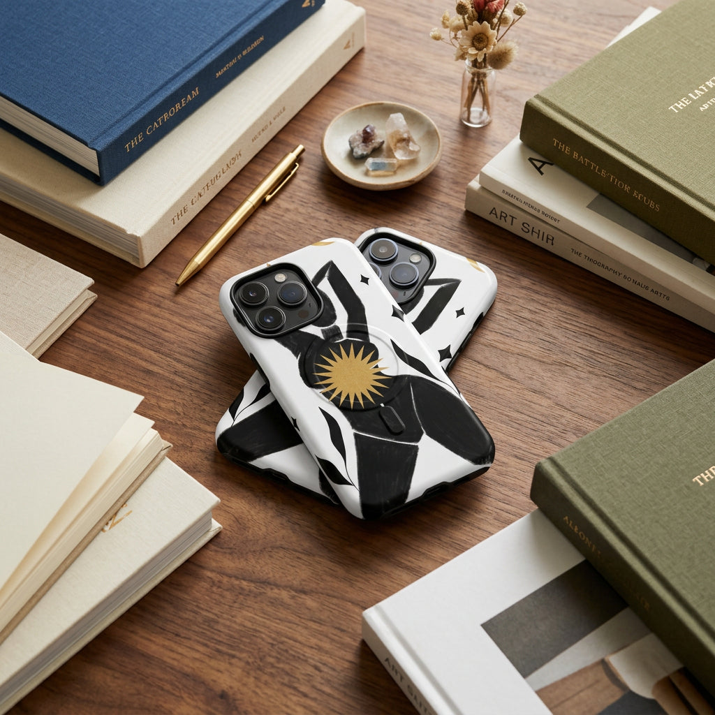Phone case with black shiloute design on a white background