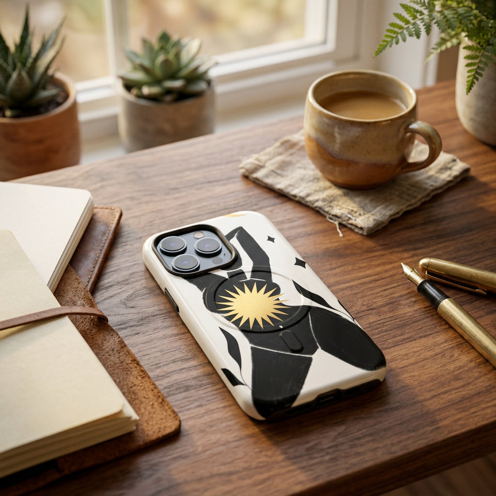 Phone case with black and white abstract design on a white background