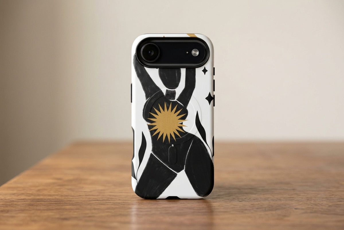 Phone case with black abstract design and gold sun-like symbol on a white background