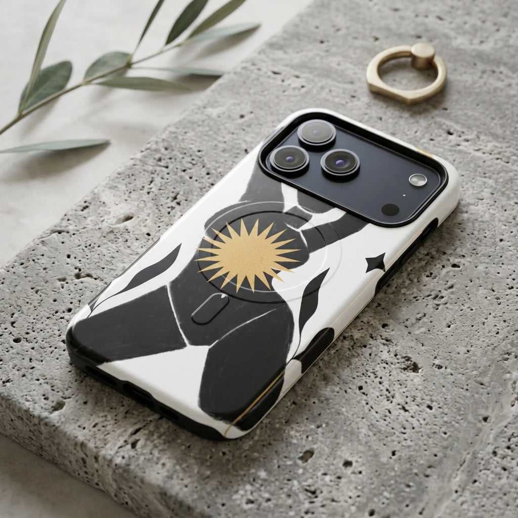 Phone case with black silhouette of a person with a sun design on a white background