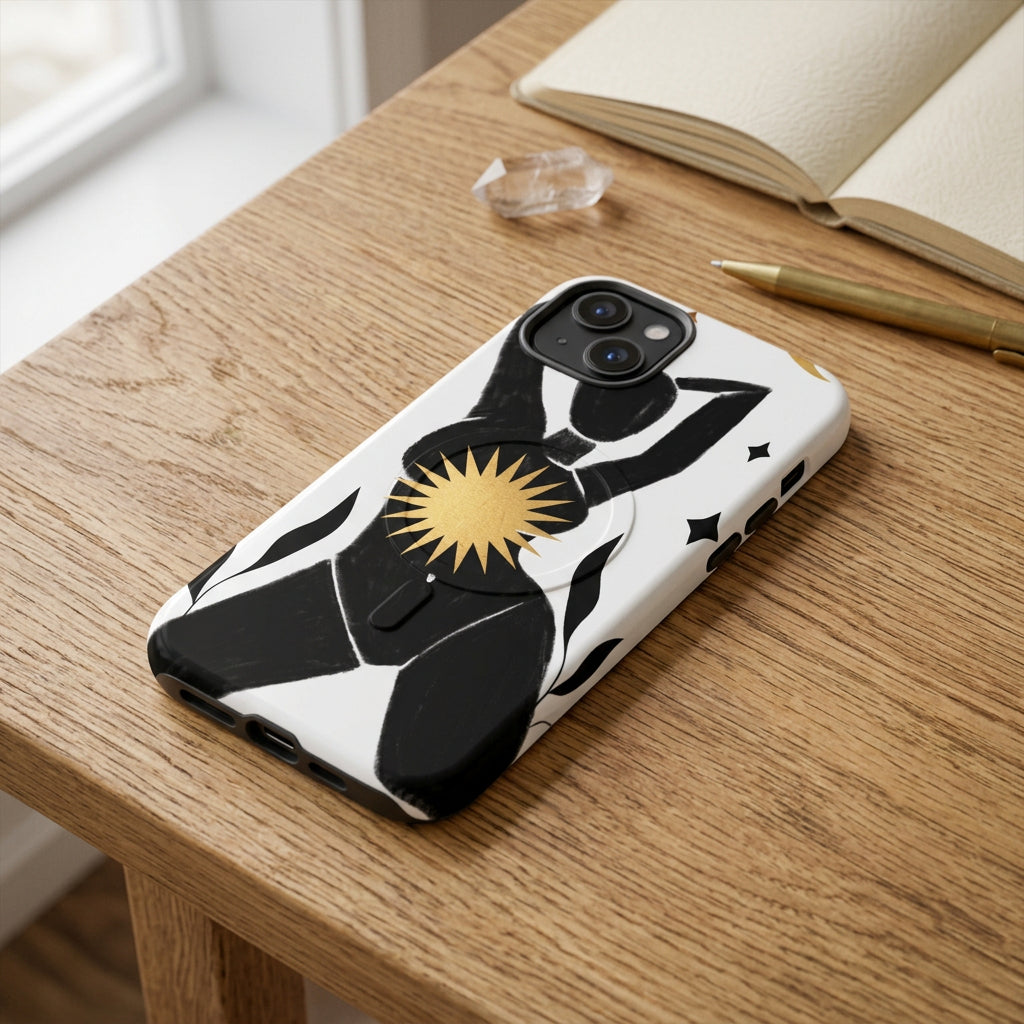 Phone case with black abstract design and gold accents on a white background