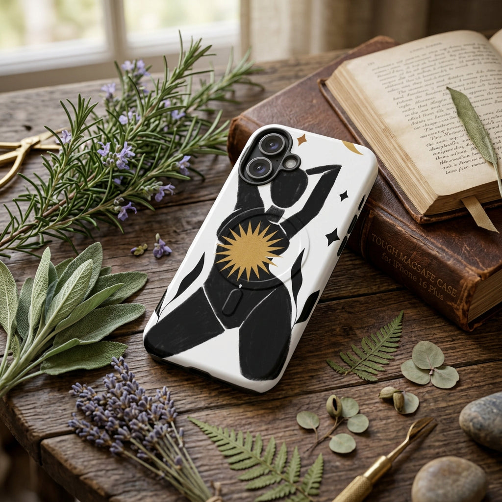 Phone case with black abstract figure and gold sun design on a white background