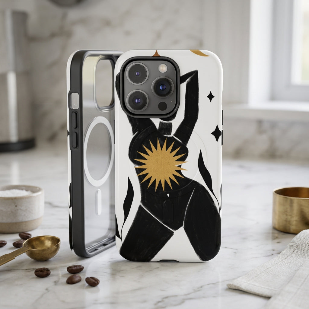 Phone case with black and white abstract design and gold accents on a white background