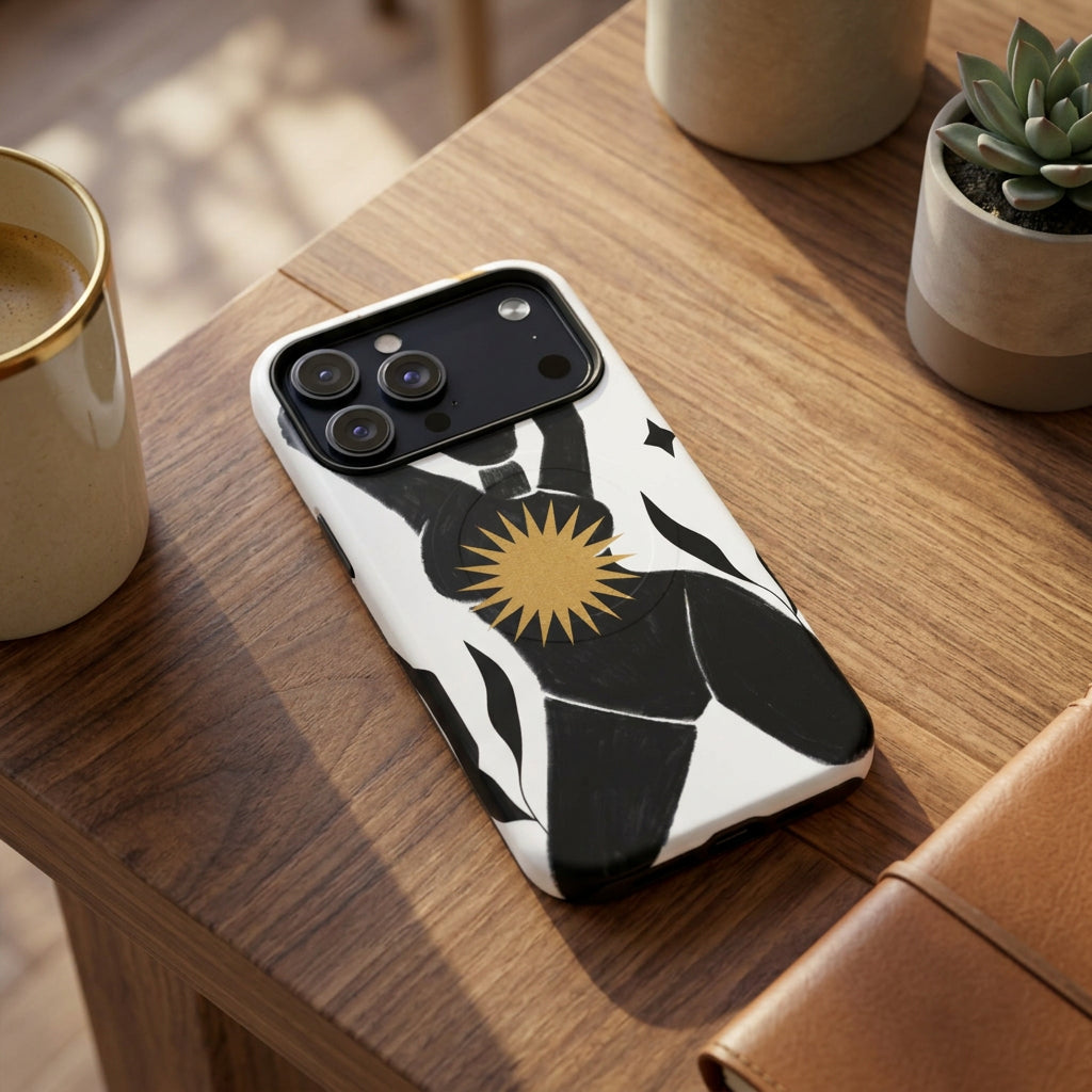 Phone case with black silhouette of a person and gold sun design on a white background