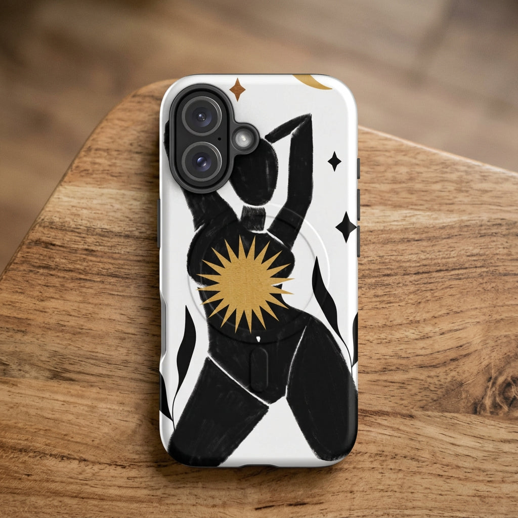 Phone case with black and gold abstract design on a white background