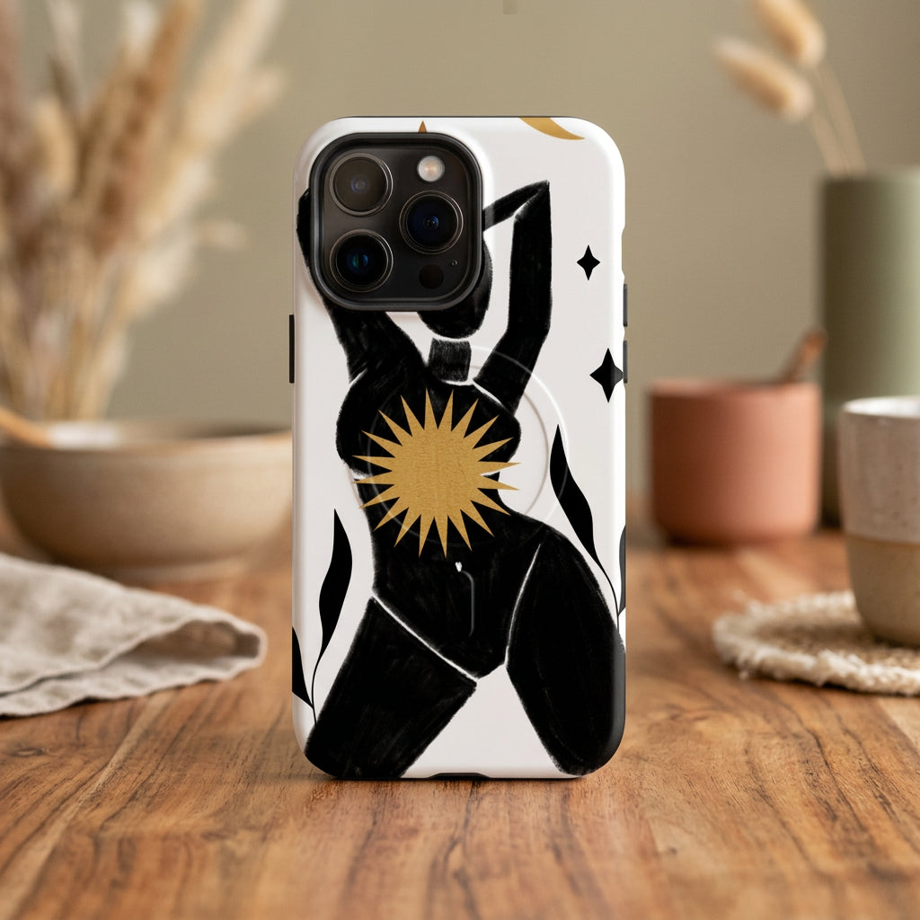 Phone case with black abstract design and gold accents on a white background
