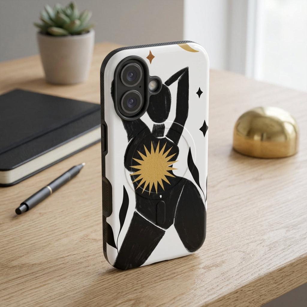 Phone case with black and gold abstract design on a white background