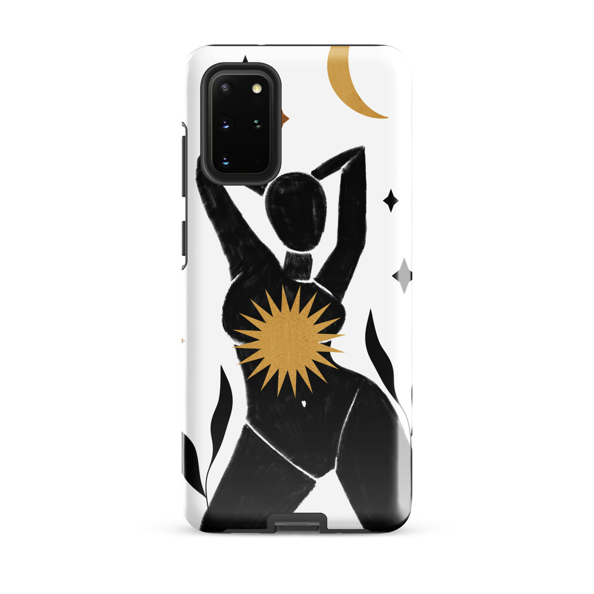 A white phone case featuring a black silhouette of a woman with arms raised, decorated with gold and silver celestial illustrations including a crescent moon, sunburst, and stars.
