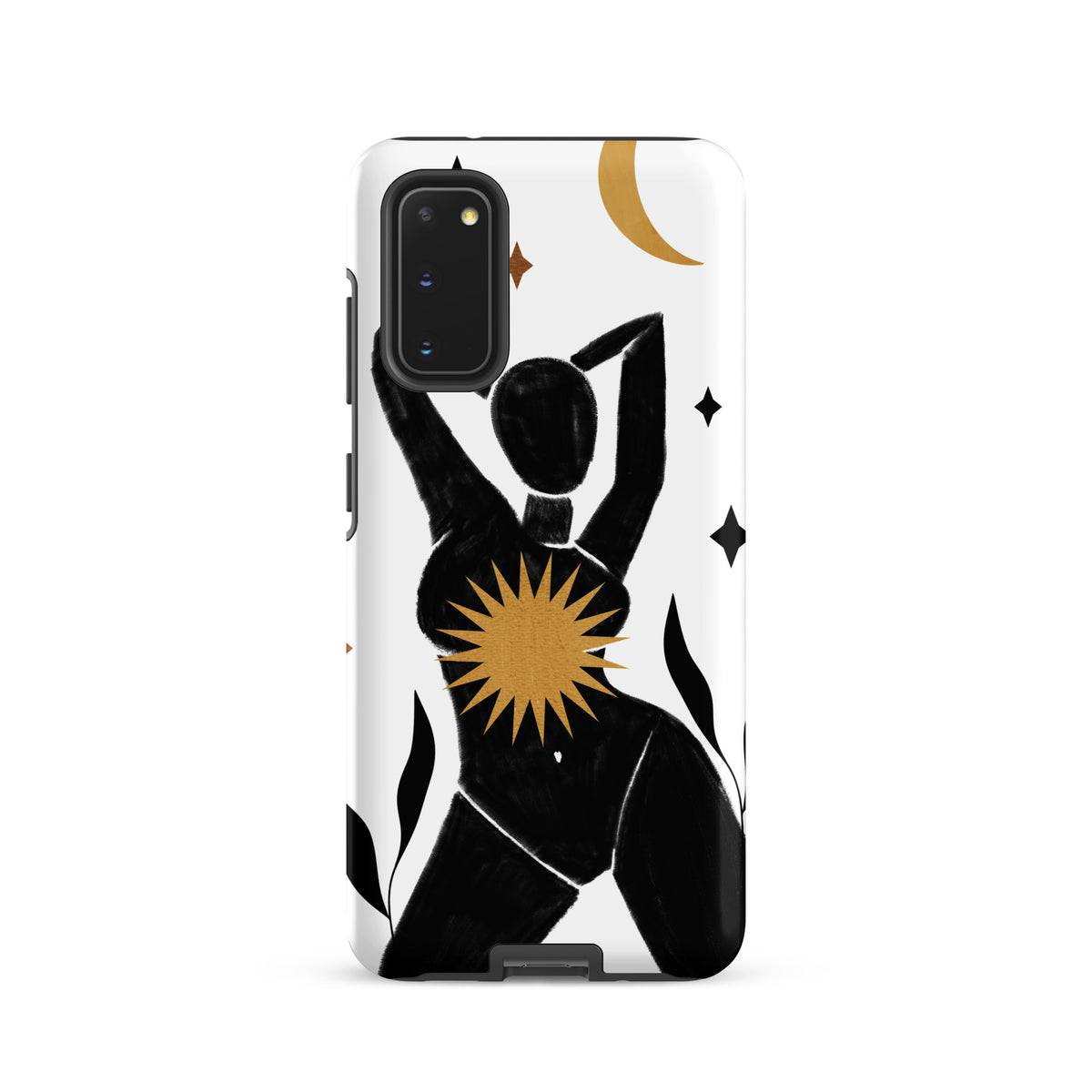 A white phone case featuring a minimalist black silhouette of a dancing figure with gold celestial accents, including a crescent moon and sunburst, shown on a plain white background.