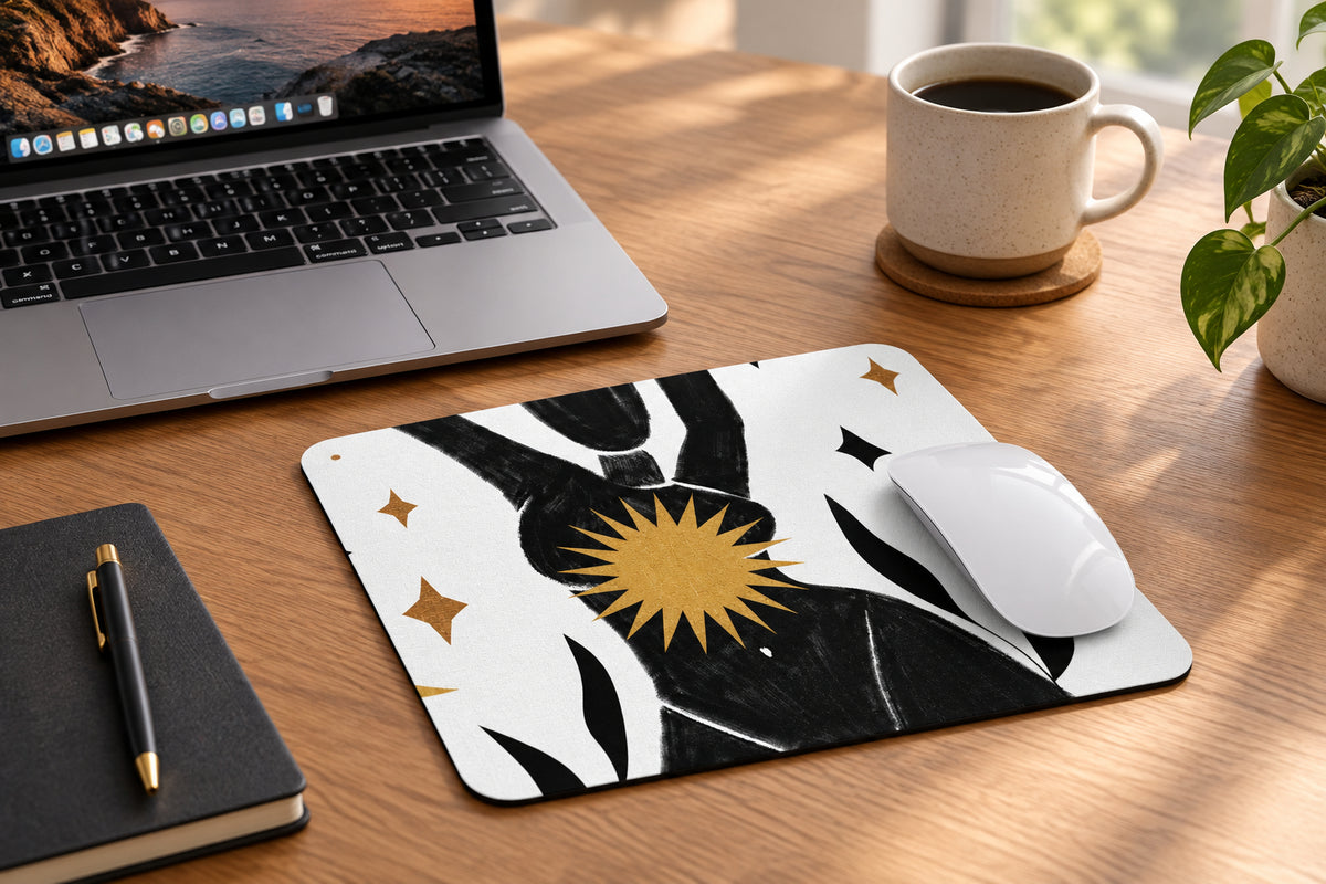 Mouse pad with abstract design featuring a sun and geometric shapes, accompanied by a mouse.