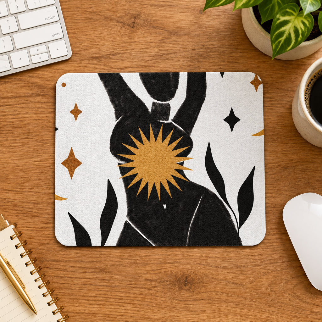 Card with black silhouette of a person holding a sun, surrounded by geometric shapes on a white background