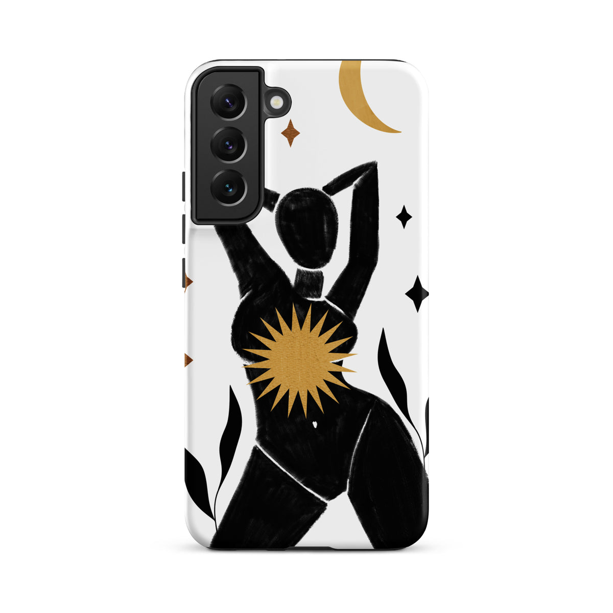 A white phone case featuring a black silhouette of a woman with arms raised, decorated with a gold crescent moon, gold sunburst, and small gold stars on a clean white background.