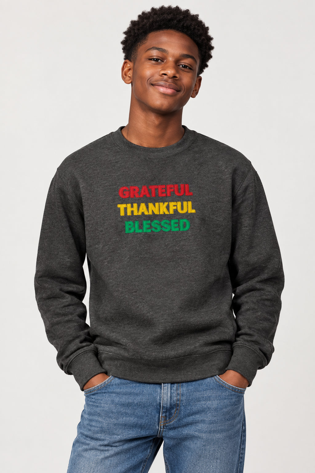 Dark gray sweatshirt with Grateful, Thankful, Blessed  graphic on the chest against a white background