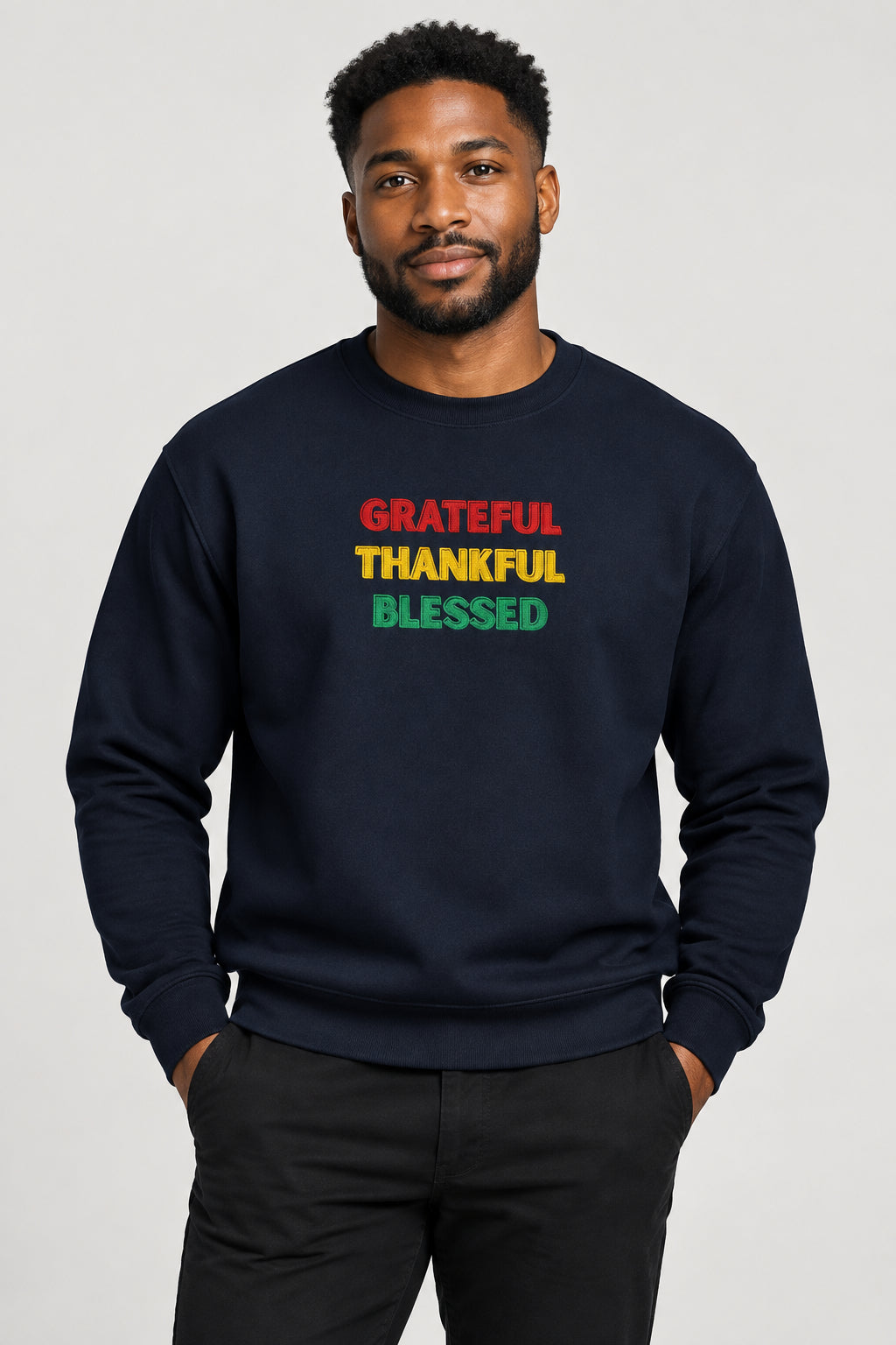 Navy blue sweatshirt with a red and white logo on the chest against a white background