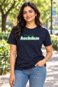 A Navy short-sleeve crewneck t-shirt featuring a green graphic print on the chest that reads 'MIDDLE STREET backdam' in a retro font.