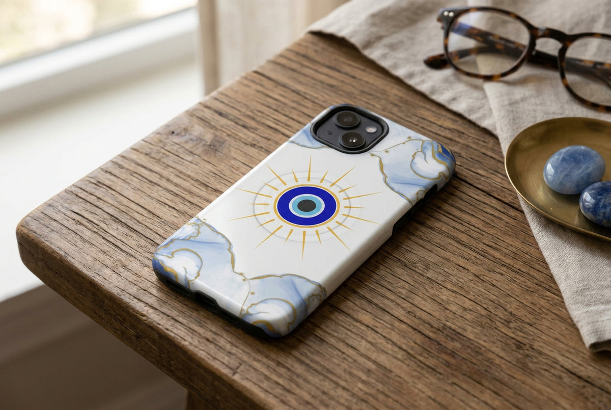 Phone case with blue eye design and marble pattern on a white background