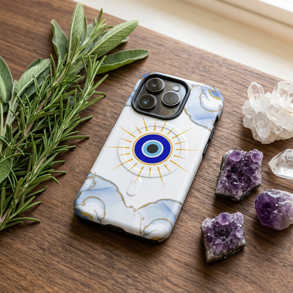 Phone case with blue eye design and marble pattern on a white background