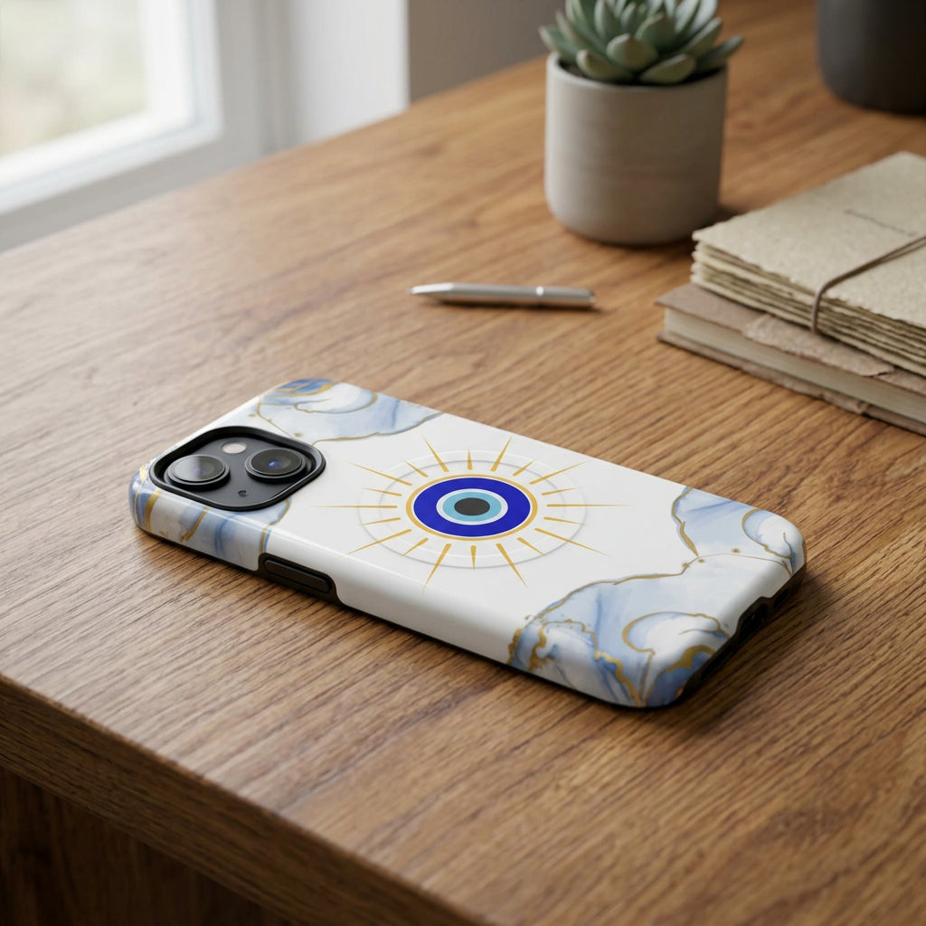 Phone case with blue eye design on a white background