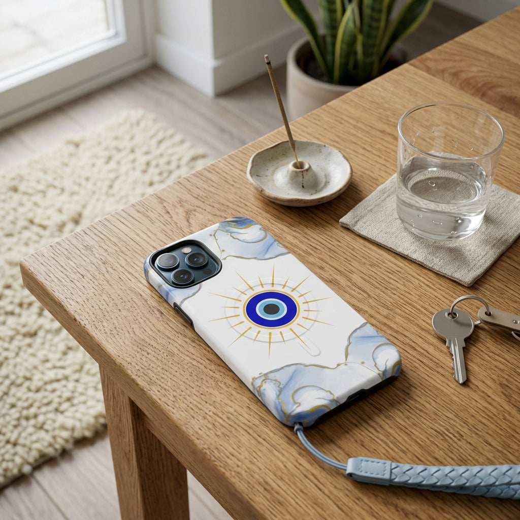 Phone case with blue eye design and marble pattern on a white background
