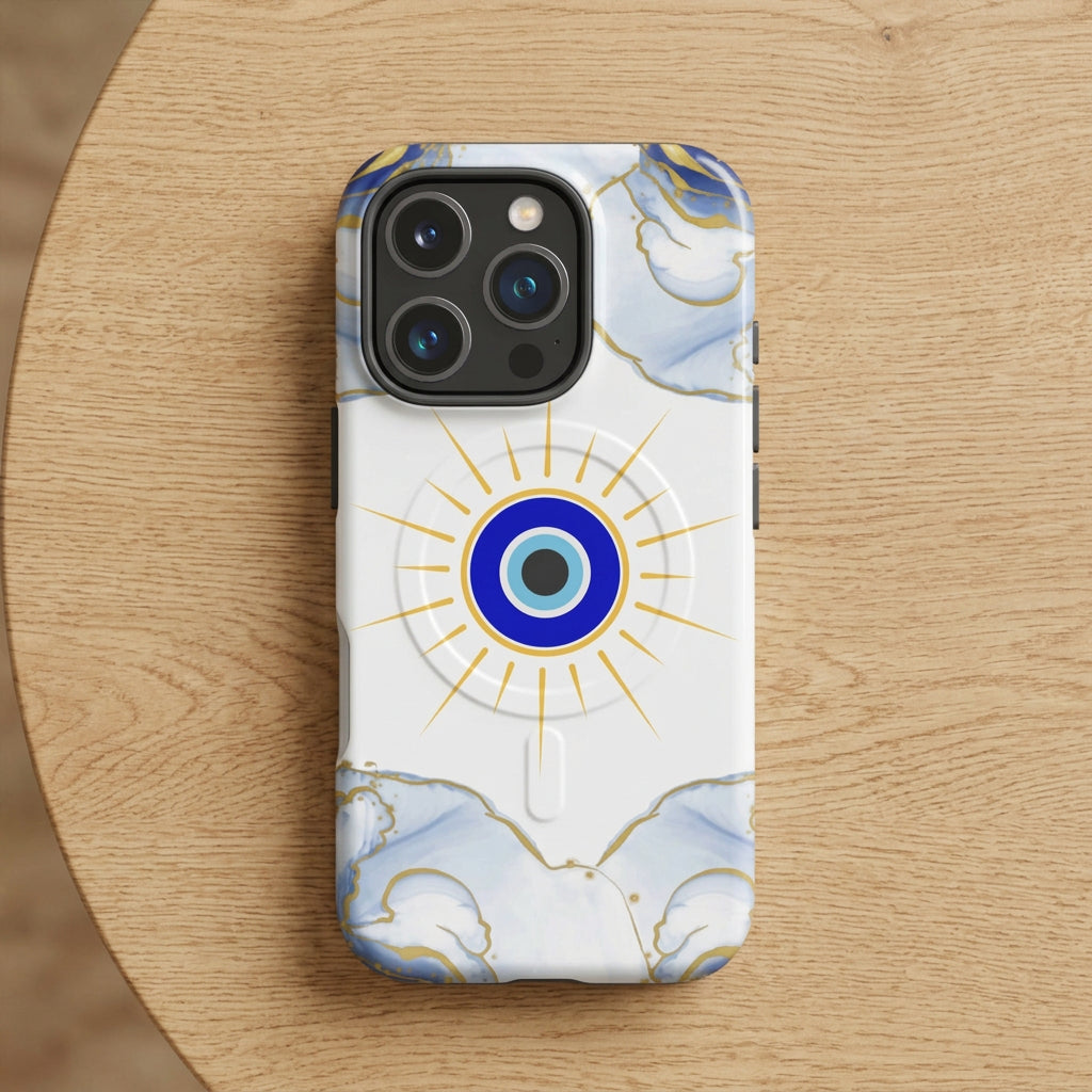 Phone case with blue eye design and marble pattern on a white background