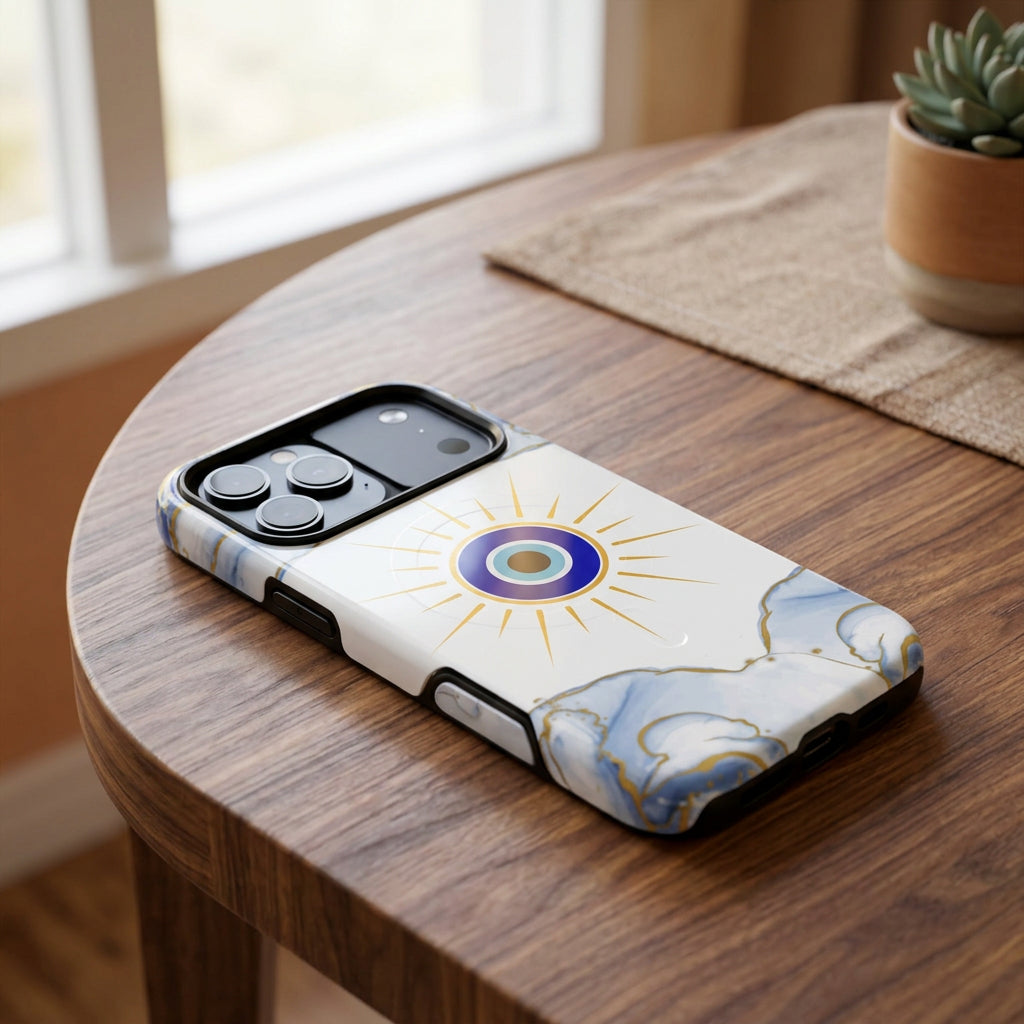 Phone case with blue eye design and marble pattern on a white background