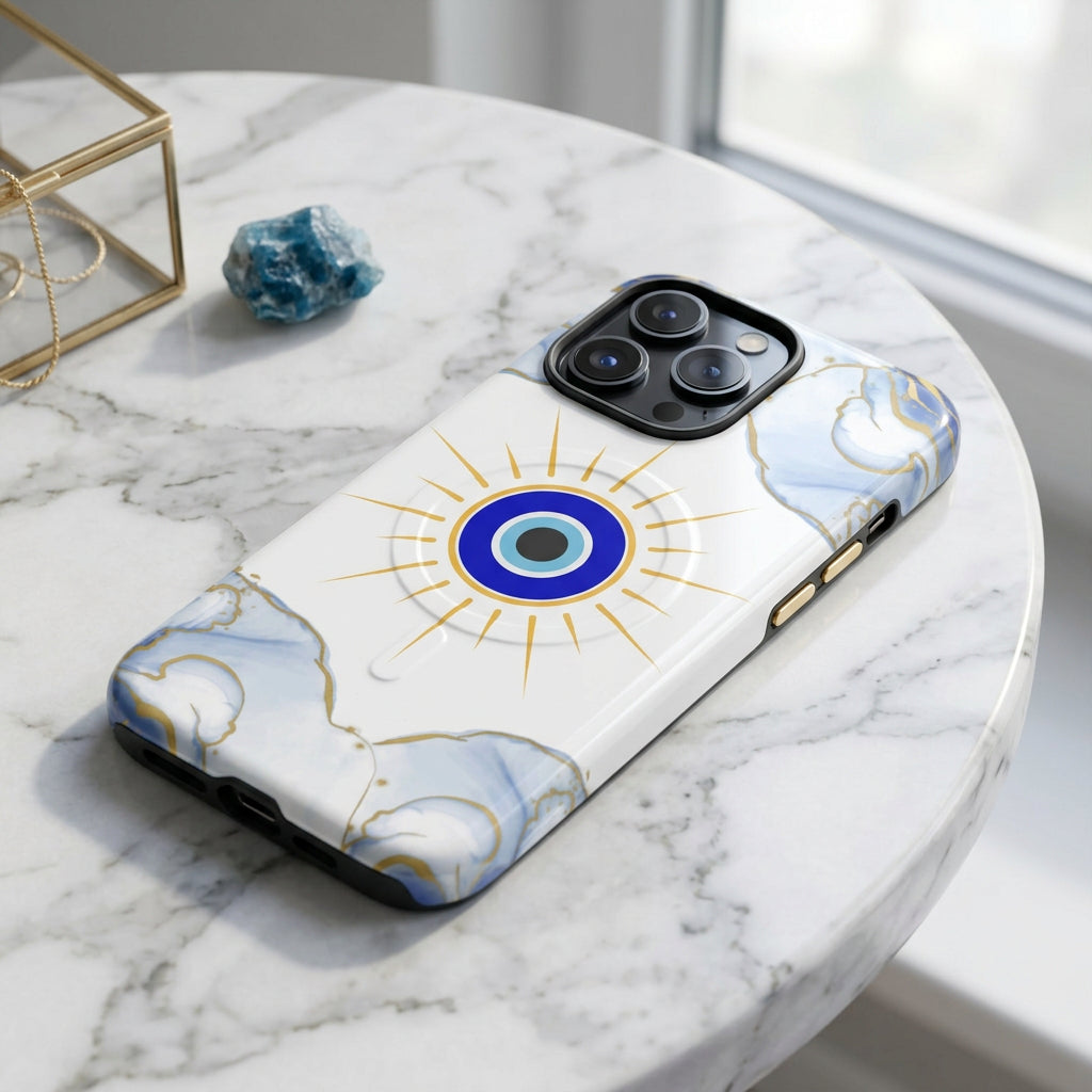 Phone case with blue eye design and marble pattern on a white background