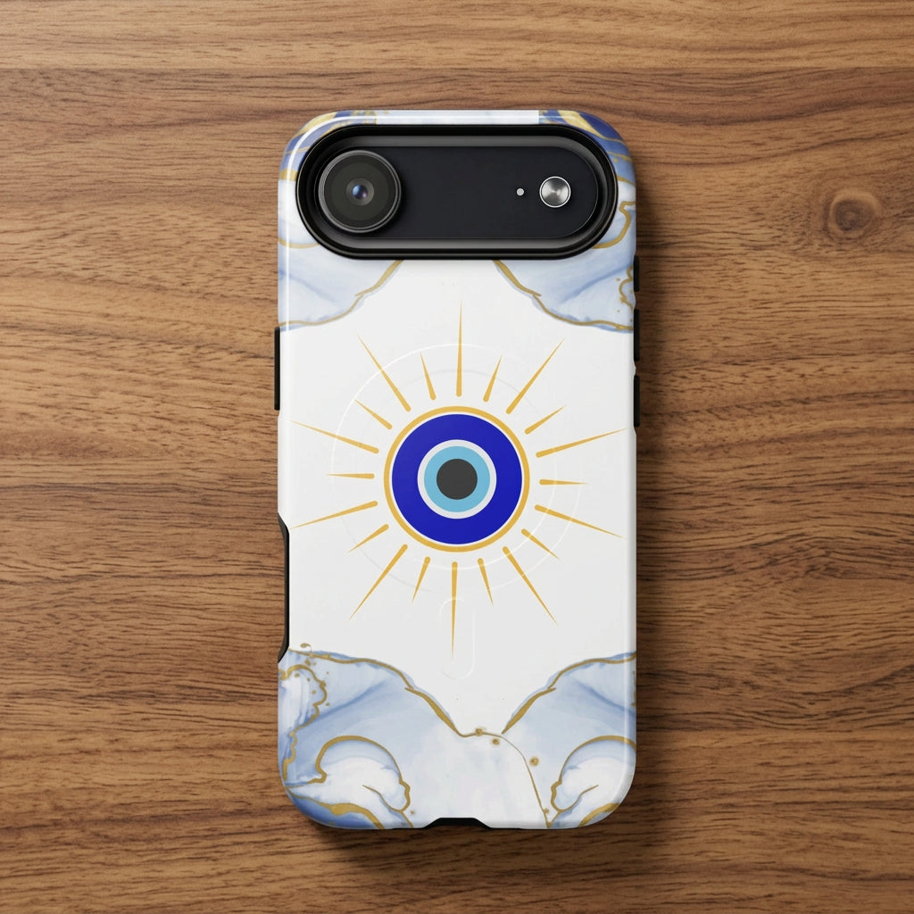 Phone case with a blue evil eye design and marble pattern on a white background